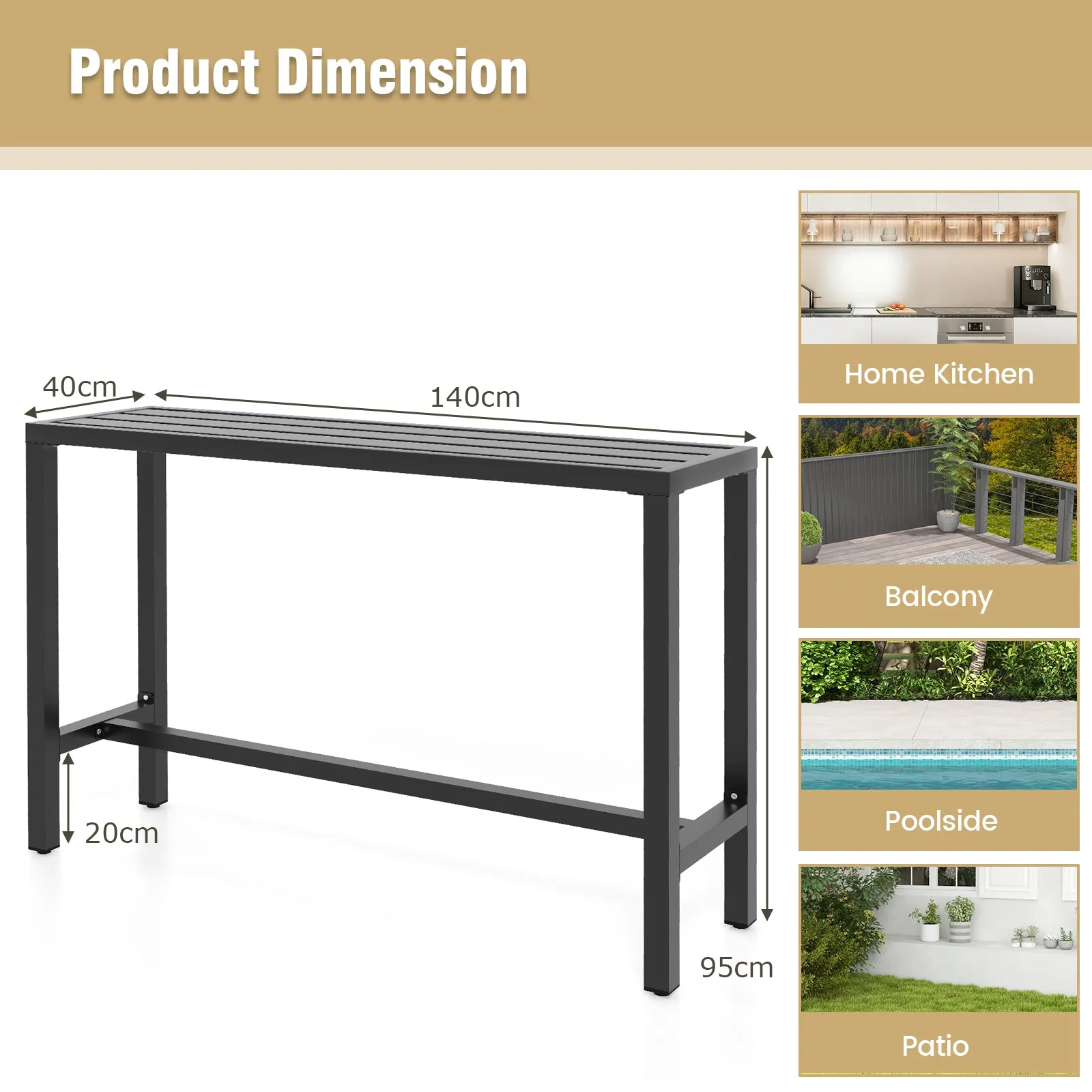 120/140 x 40cm Outdoor Bar Table with Adjustable Foot Pads-L