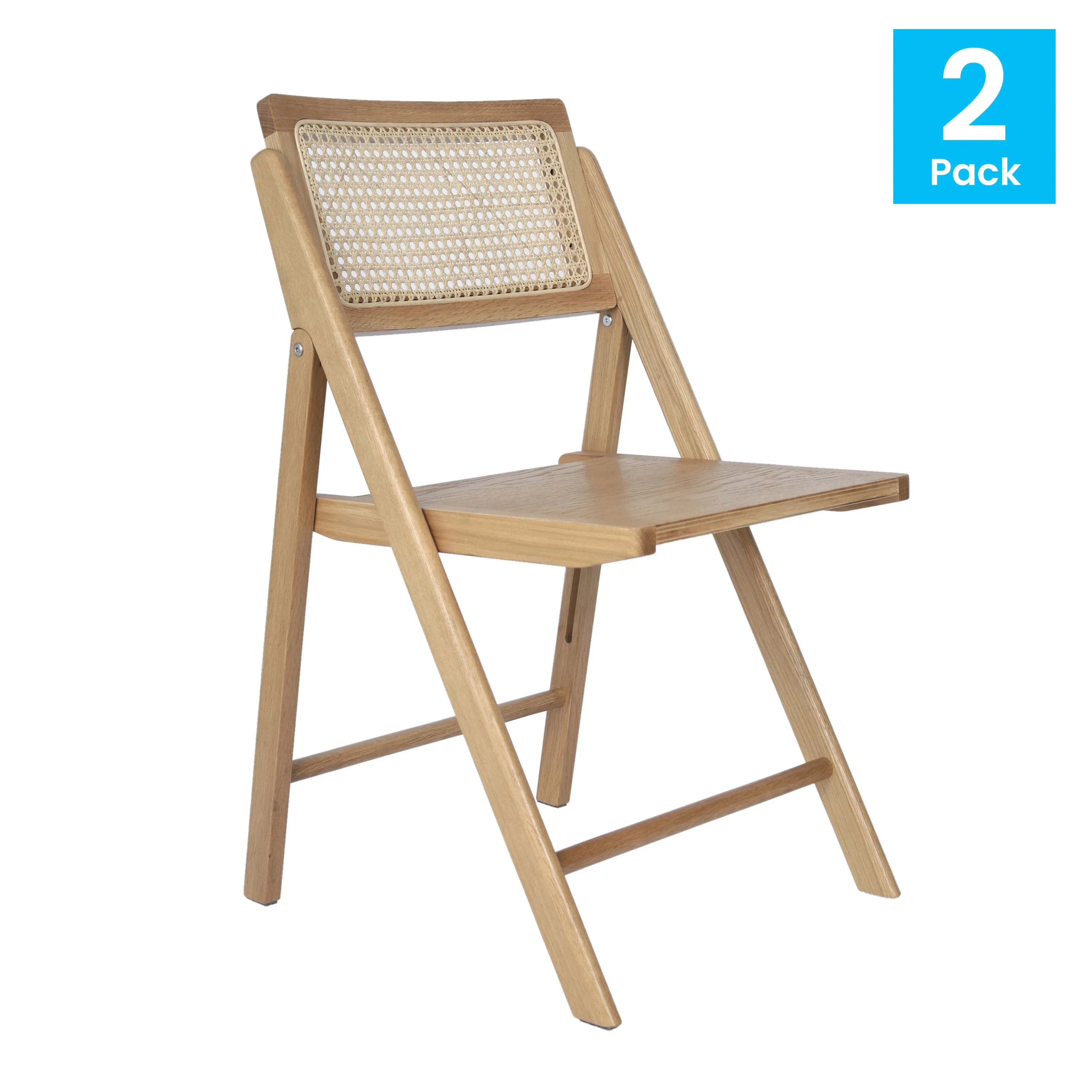 Galene Set of 2 Cane Rattan Folding Chairs with Solid Wood Frame and Seat and Ventilated Back, Perfect for Events or Additional Seating