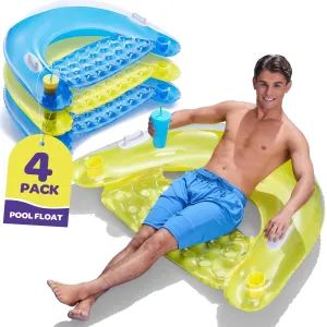 Pool Floats Adult [Set of 4] Inflatable Chair Floats with Cup Holders & Handles - Happy Colorful Pool Floaties - Pool Float Comes in 2 Fun Colors Blue & Yellow A Relaxing Floats for Swimming Pool.