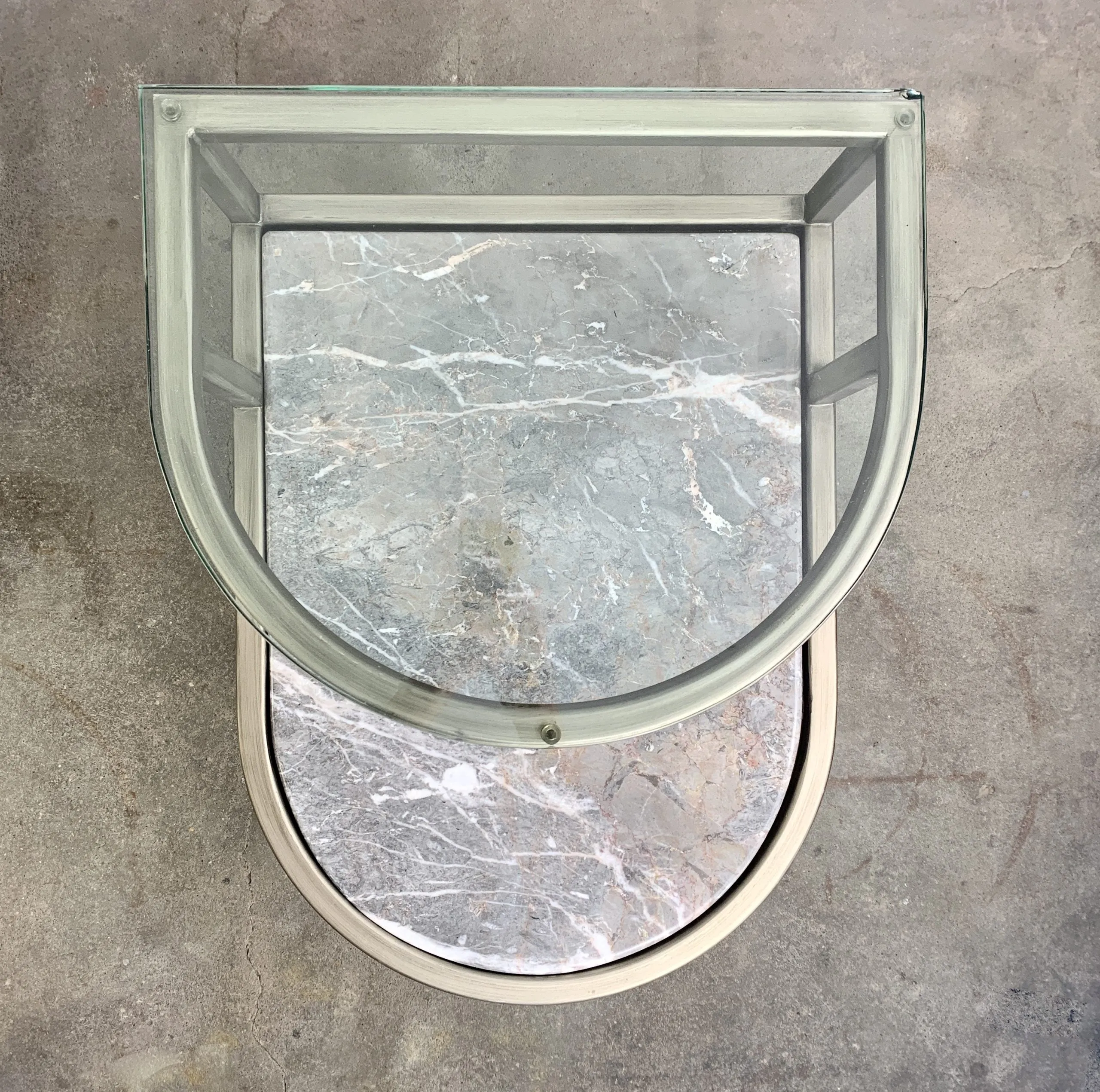 Side Tables, Pair, Stone, Glass, Brushed Nickel, Curved