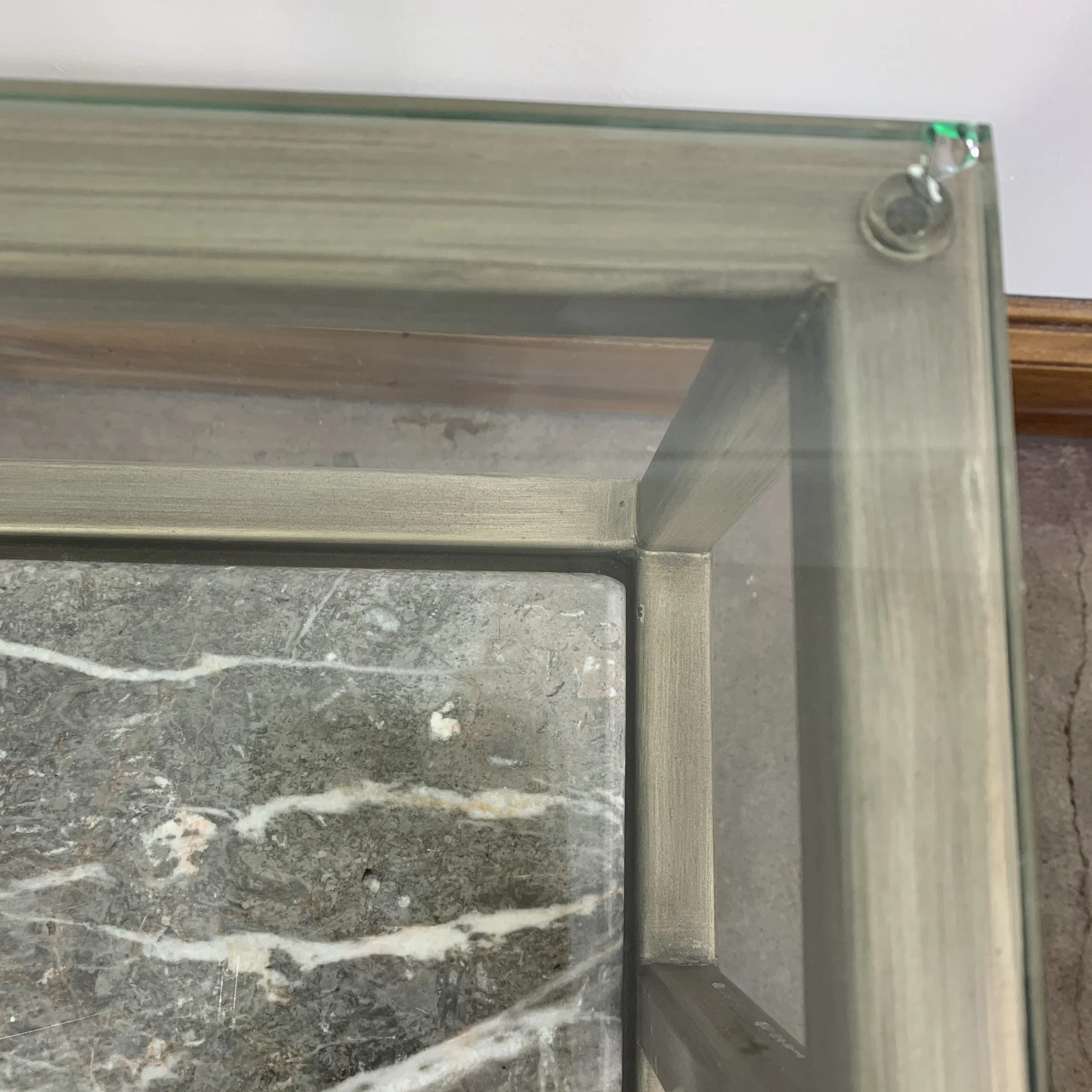 Side Tables, Pair, Stone, Glass, Brushed Nickel, Curved