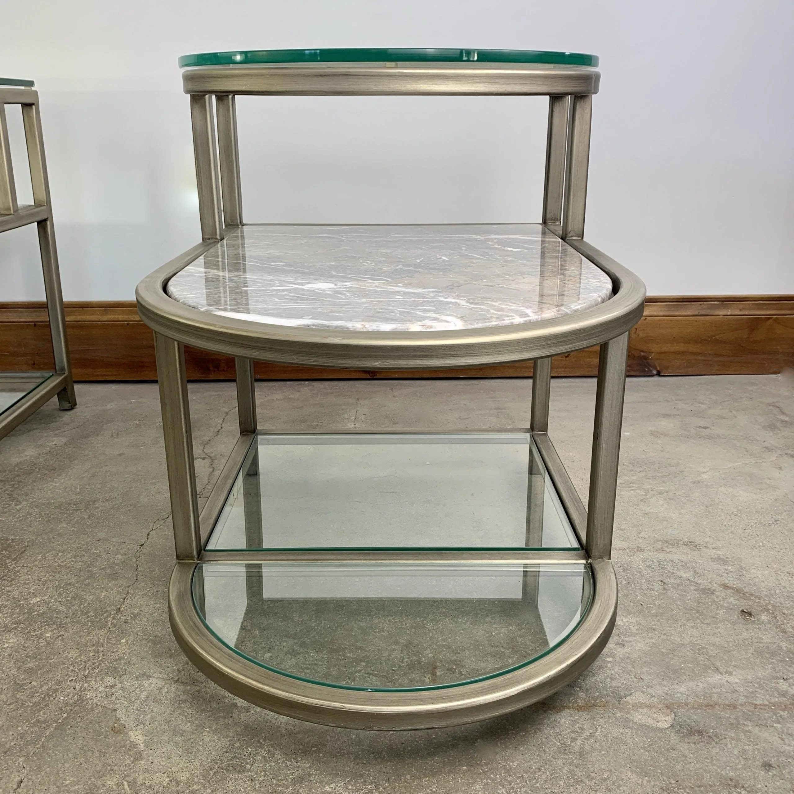 Side Tables, Pair, Stone, Glass, Brushed Nickel, Curved