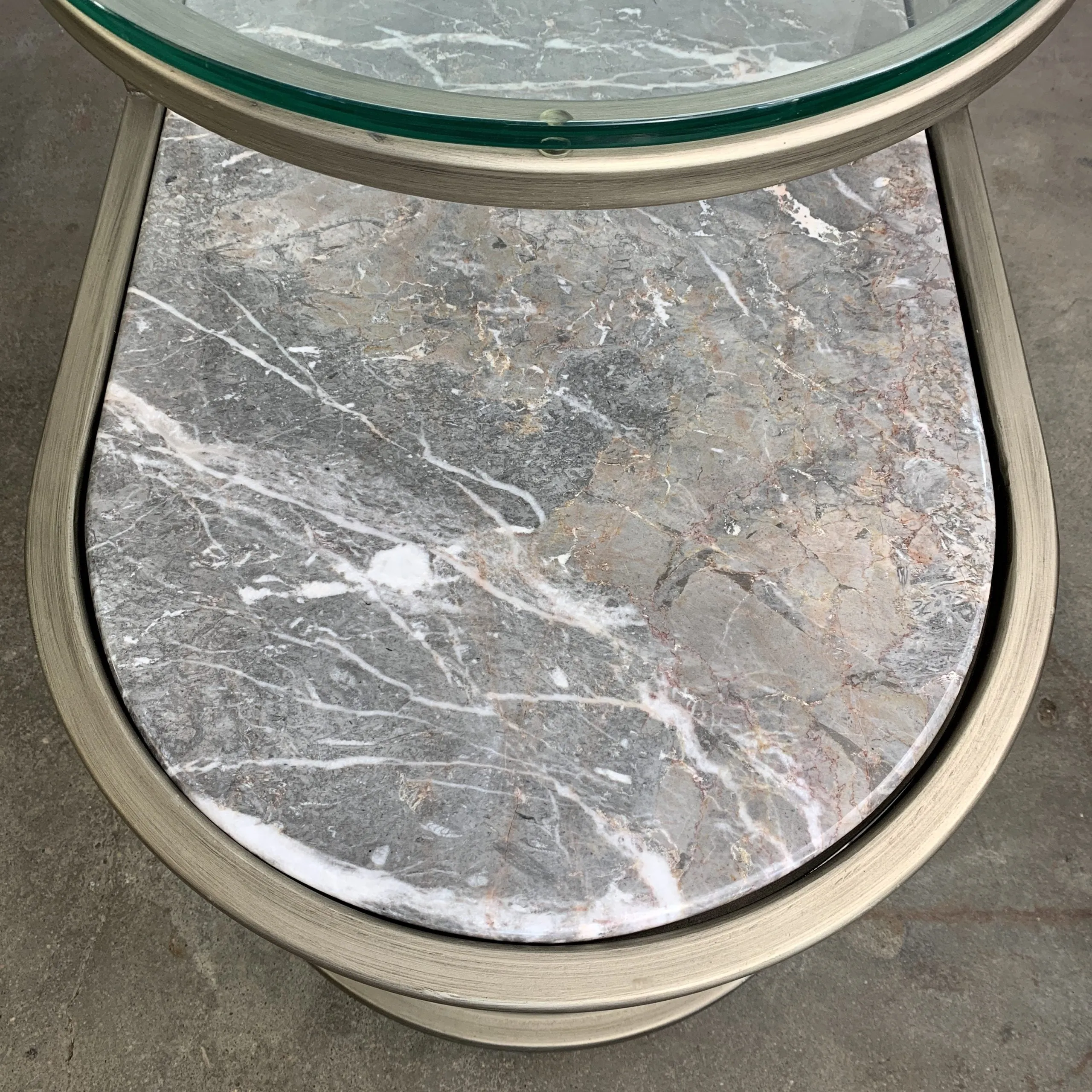 Side Tables, Pair, Stone, Glass, Brushed Nickel, Curved