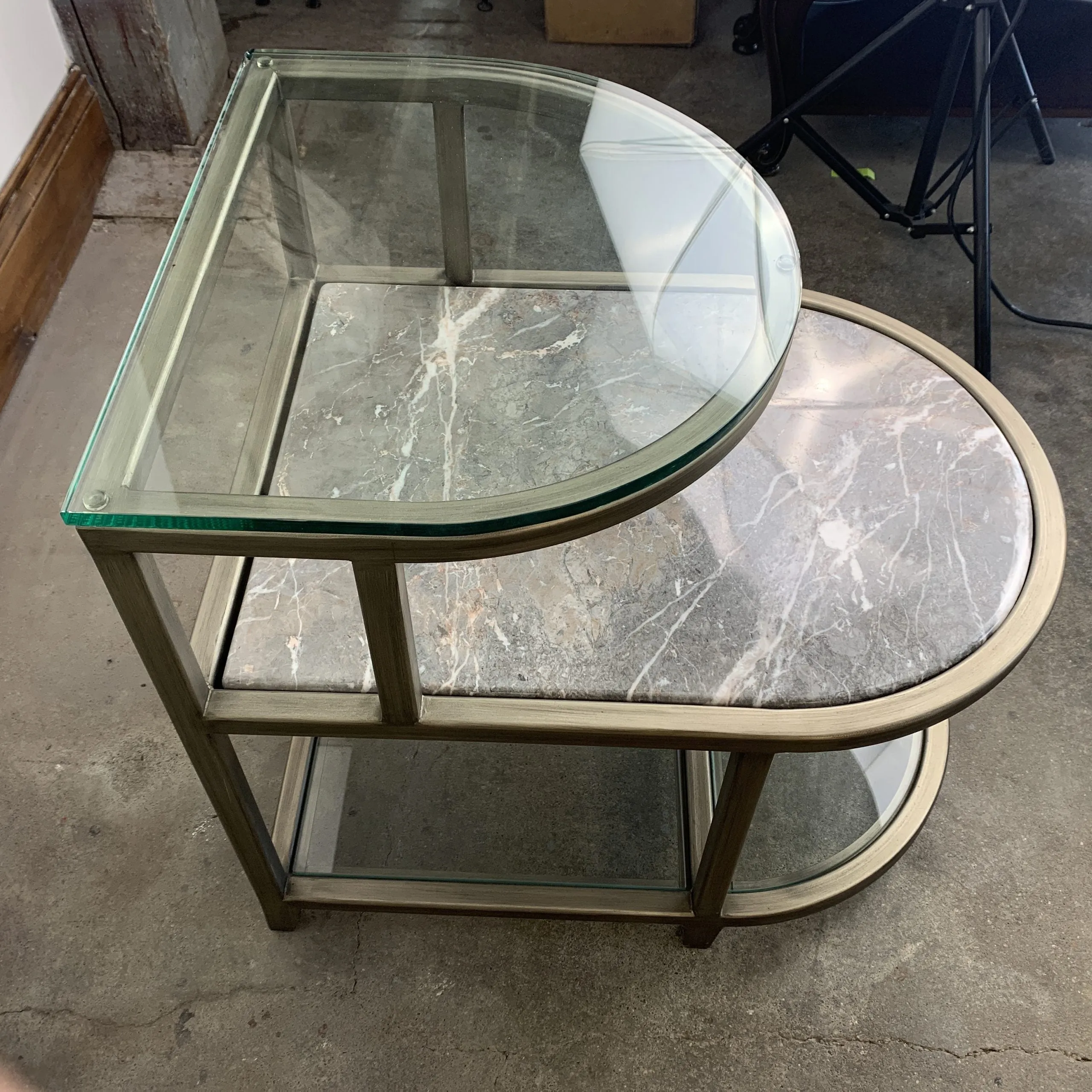 Side Tables, Pair, Stone, Glass, Brushed Nickel, Curved