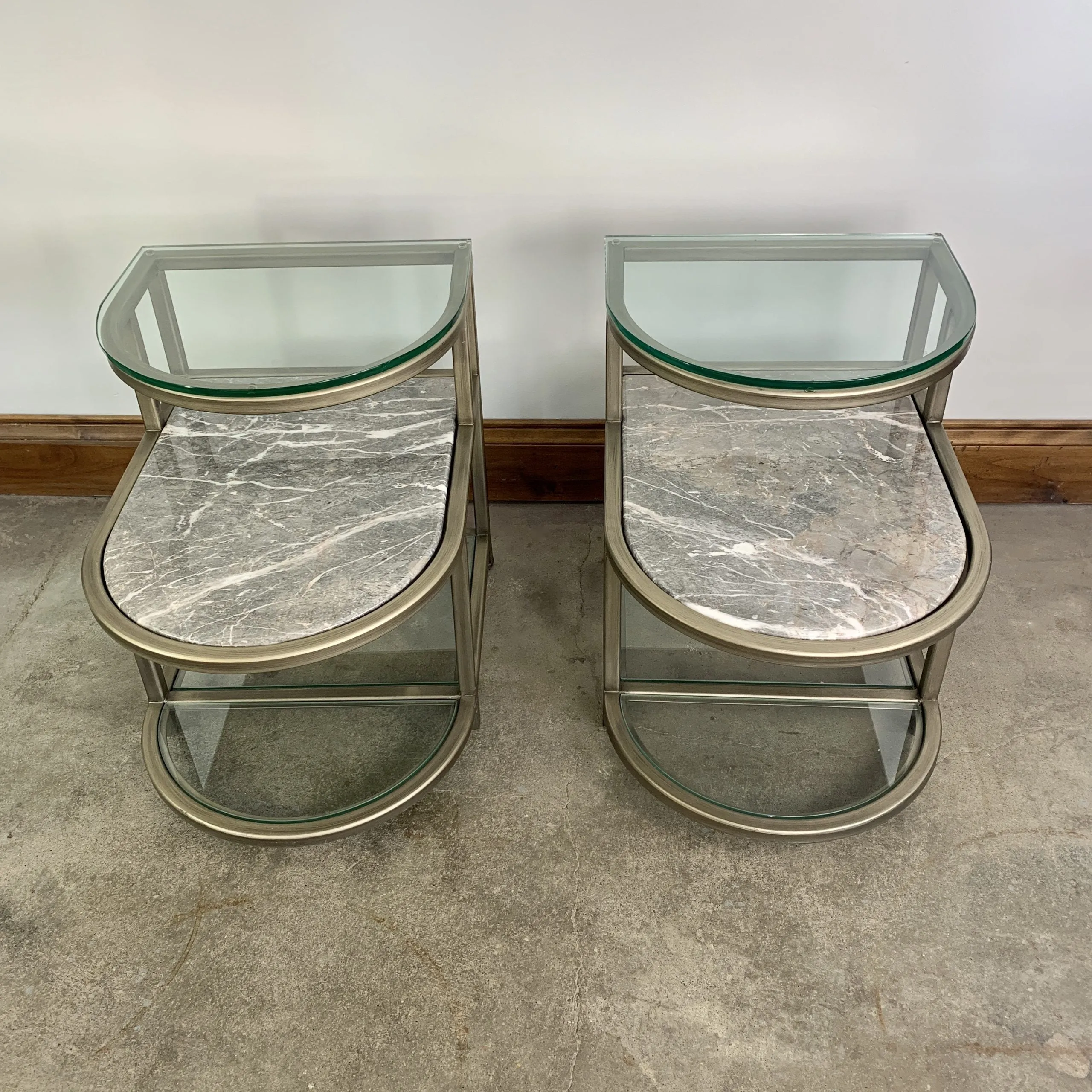 Side Tables, Pair, Stone, Glass, Brushed Nickel, Curved