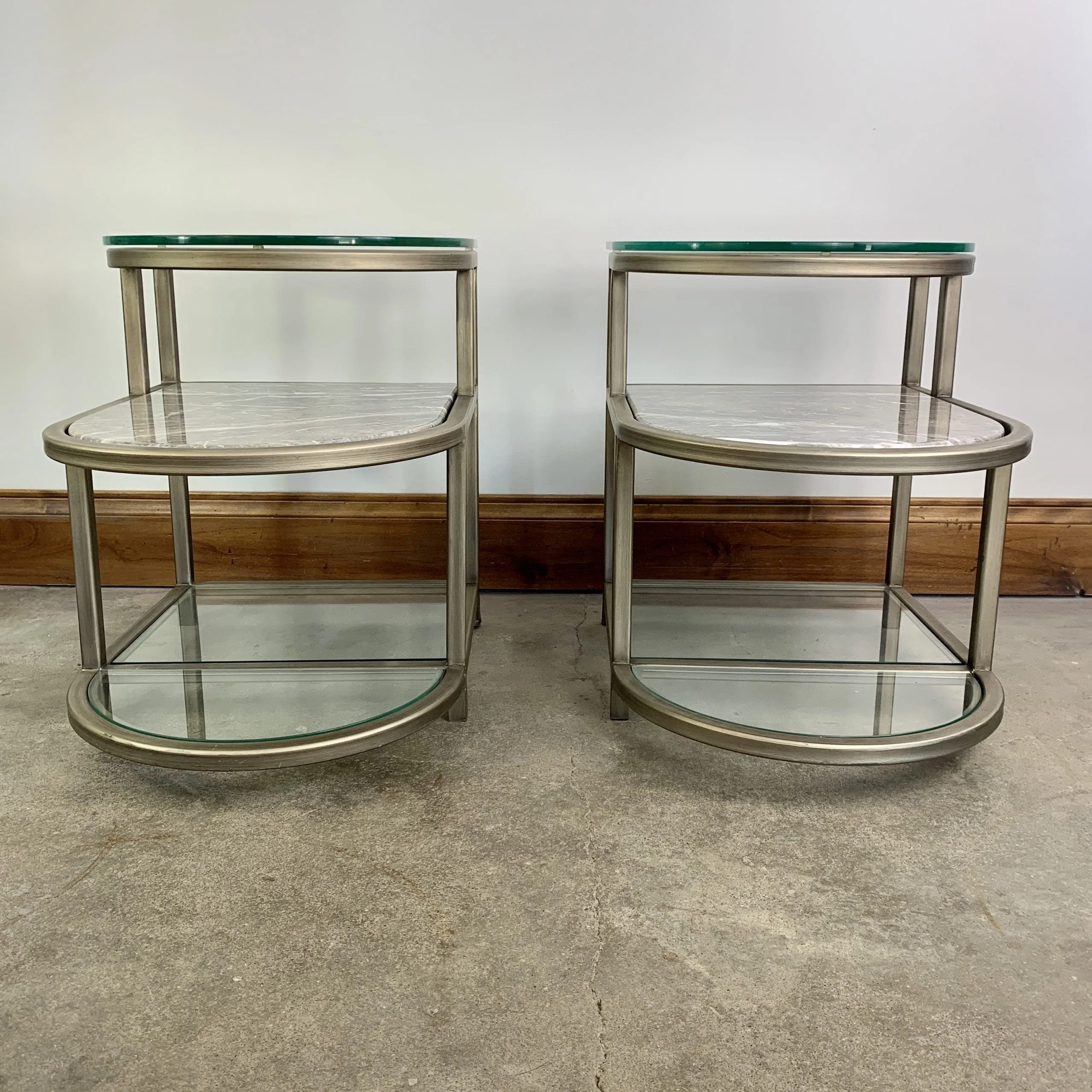 Side Tables, Pair, Stone, Glass, Brushed Nickel, Curved