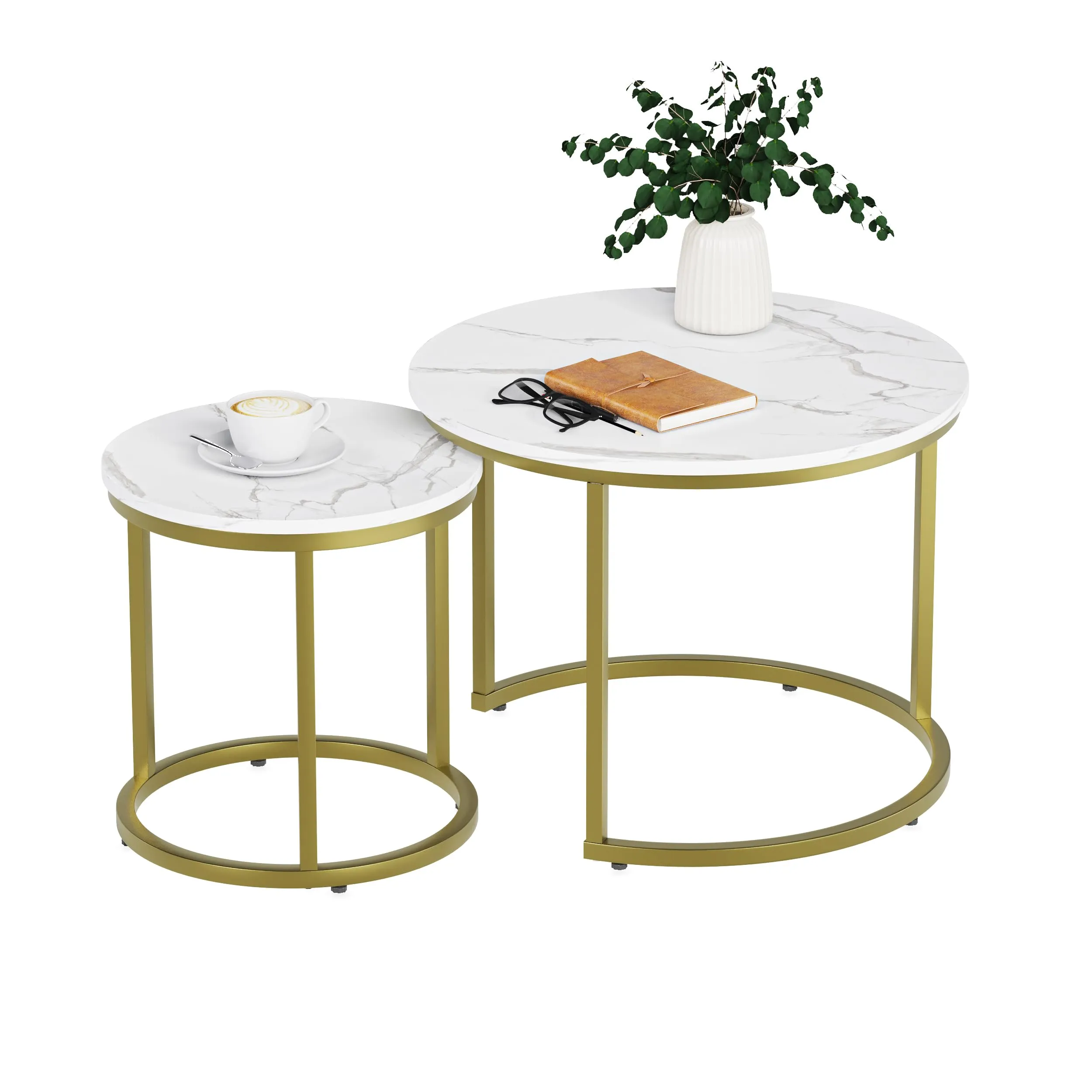 Smuxee White Nesting Coffee Table Set of 2, 23.6“ Round Coffee Table Wooden Marble Pattern with Adjustable Non-Slip Feet, Industrial End Table for Living Room Bedroom Balcony Gold